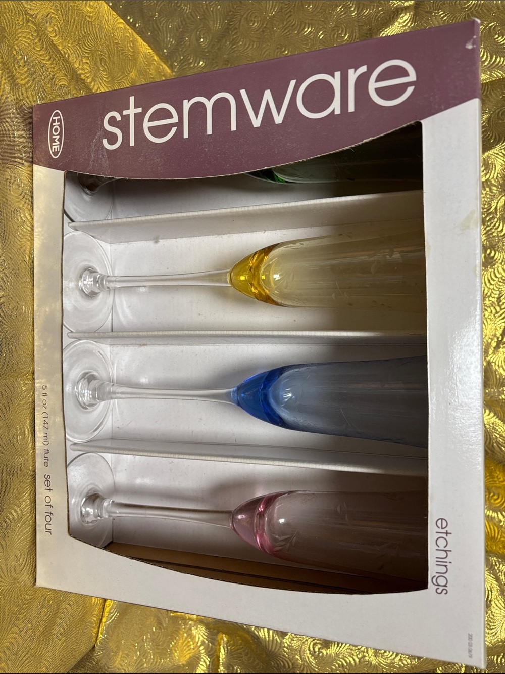 Stemware Etchings Colored Stem Champagne Flutes - Yellow, Blue, Pink, and green.